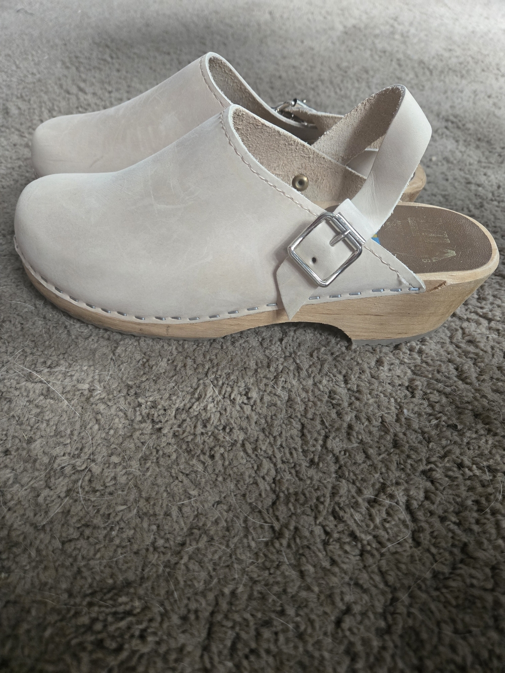 MIA Cream Leather Slingback Clogs with Silver Buckle